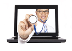 computer screen with doctor's face and hand