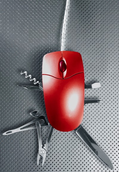 red computer mouse with multiple protruding pocket tool attachments
