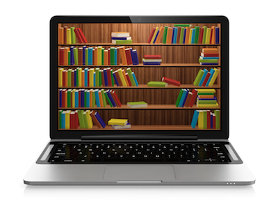 laptop computer with picture of books on shelves