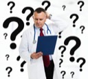 doctor scratching head surrounded by question marks